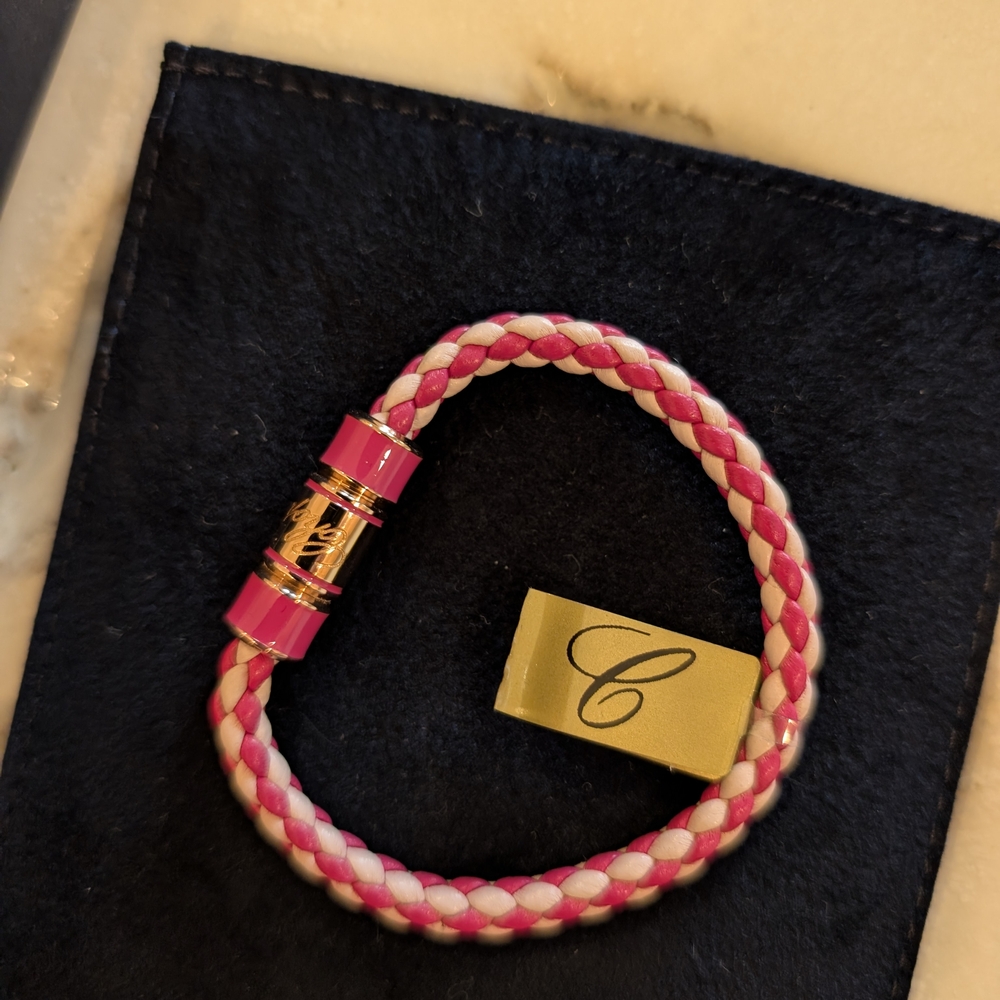 Chopard Pink and White Braided Leather Bracelet with Pink Enamel Clasp